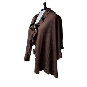Brown Ruffle Edge Shawl | Open Front Cozy Wrap | Soft Acrylic Layering Piece